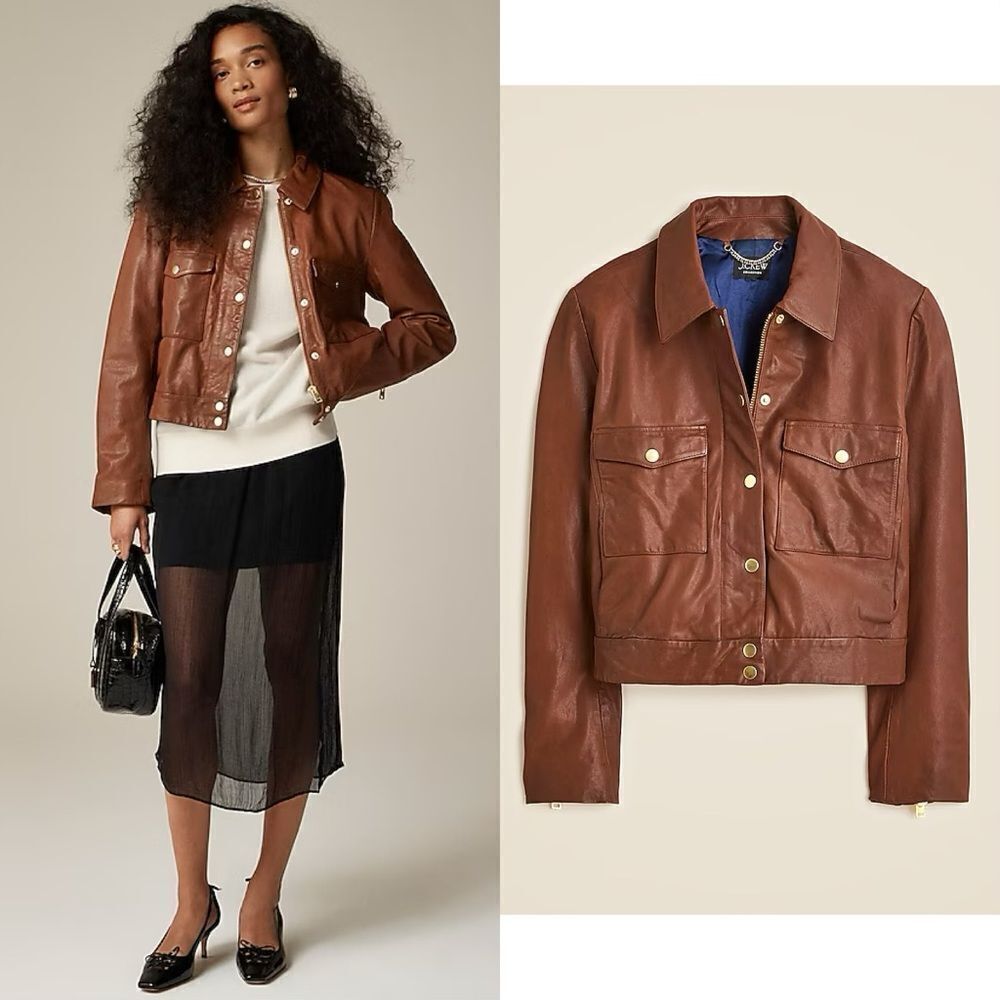 NWT $650 J CREW Collection leather shirt-jacket in Grizzly Brown